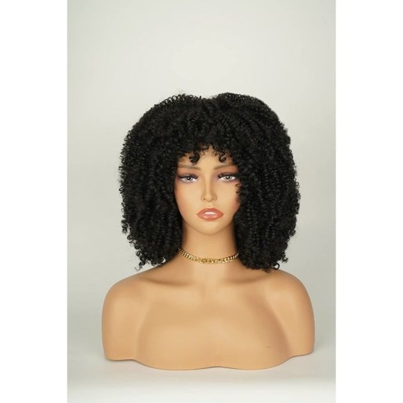 12" Afro Soft & Natural Kinky Curly w/ Bangs Wig Natural Black - Picture 2 of 8